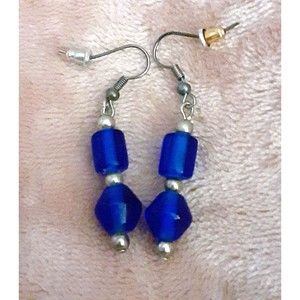 Hand crafted cobalt blue glass earrings 2" drop art glass